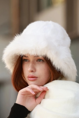 Kadın Peluş Bucket Kalpak Şapka 1143 Rkş-14 Ekru Ekru