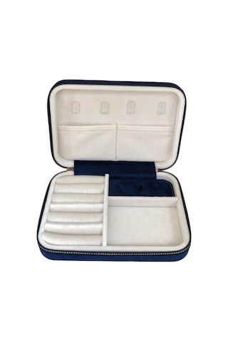 Özer Kutu Fermuarlı Deri Ahşap Kasalı Büyük Boy Takı, Seyahat Ve Mücevher Çantası Lacivert Süet 14x21 Cm