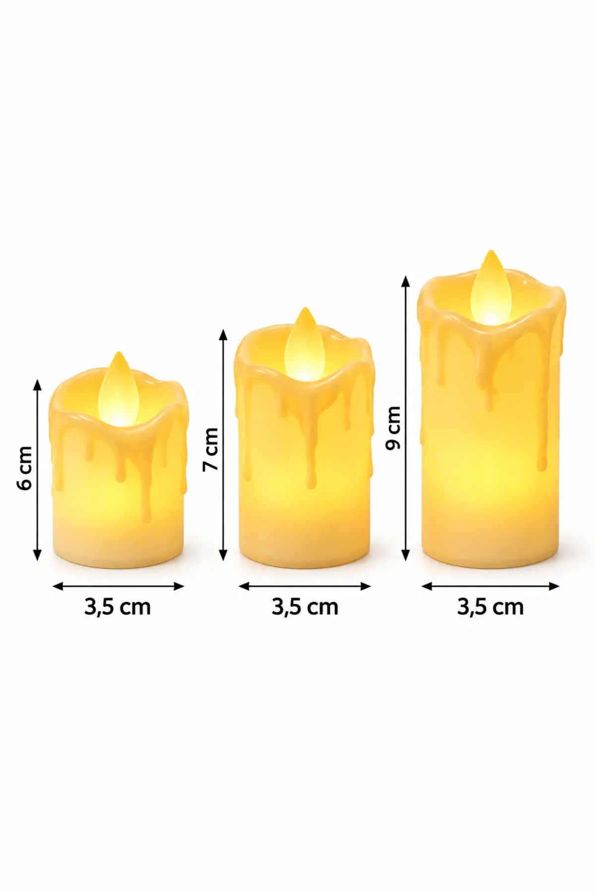 Erkugo 3 Lü Gold Eriyen Görünümlü Silindir Led Mum Seti Pilli Dekoratif Mum Sarı