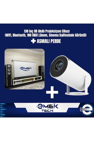 130\" Hd Akıllı Projeksiyon Cihazı Wifi,bluetooth,180 Ansı Lümen, Hd Görüntü + Asmalı Perde-120849