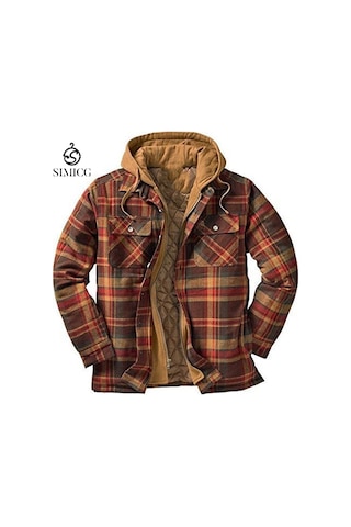 Kalın Pamuklu Ekose Uzun Kollu Bol Kapüşonlu Erkek Ceketi Kahverengi