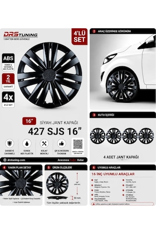 Volkswagen Uyumlu 16 Inc Kırılmaz Parlak Siyah Jant Kapağı 1 Takım 4 Adet No:427
