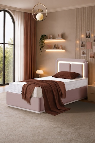 Demonte Baza Seti, Nox Ledli Tek Kişilik Baza Başlık Maxi Yatak Seti, Pembe - 100x200 Cm 100 x 200