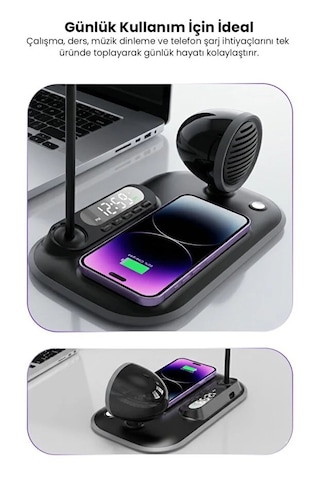 4-in-1 Kablosuz Şarj Standı İphone & Android Uyumlu, Siyah Masa Lambası Ve Bluetooth Hoparlörlü