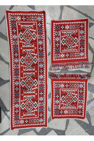 Pratik Oto Koltuk Kilim Seti 3 Parça Makine Dokuma Akrilik & Polyester Saçaklı - Kırmızı