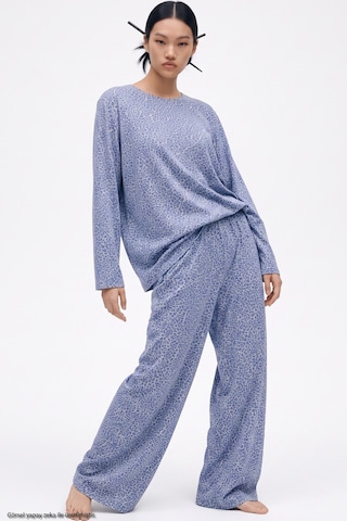 Siyah İnci Leopar Baskılı Örme Pijama Takım 8078 Mavi Leopar