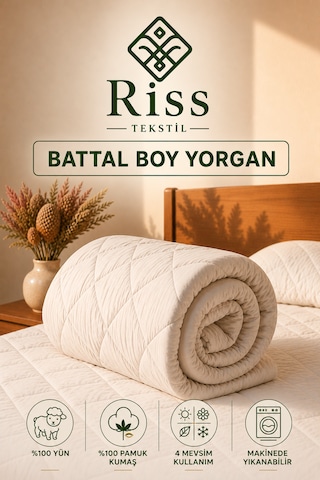 Riss Tekstil Battal Boy %100 Kuzu Yünü Yorgan 220cm X 240cm / 4000gr Beyaz
