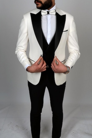 Jan Carlucci Slimfit Sivri Yaka Damatlık Takım Ceket - Yelek - Pantolon - Gömlek - Papyon Beyaz