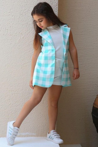 Riccotarz Kız Çocuk Halter Yaka Ekose Baskılı Düğme Detaylı Su Yeşili Şortlu Takım Su Yeşili