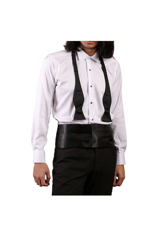 Beyaz Siyah Taş Düğmeli Damatlık Ata Yaka Kol Düğmeli Slim Fit Smokin Gömlek - 006 001