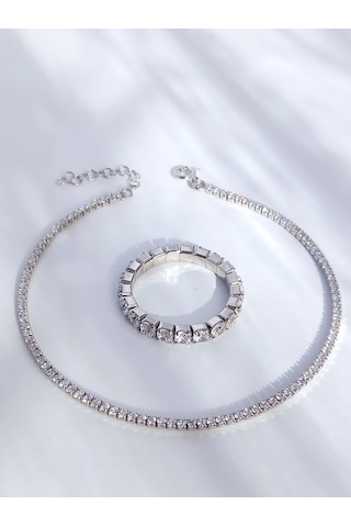 Gümüş Su Yolu Love Tasarım Bileklik Ayarlı Yüzük Kadın Set