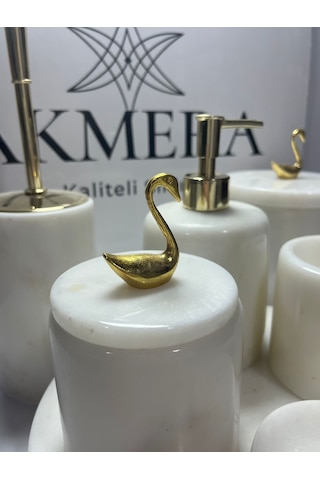 Mermer Top Ayaklı Standlı 7 Parça Lüks Banyo Seti Altın - Beyaz
