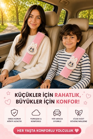 Bunny Pembe Emniyet Kemeri Aksesuarı - Emniyet Kemeri Kılıfı - Araç Emniyet Kemeri Omuz Koruyucu 1 Adet