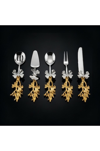 Alfafe Home Kelebek Saplı 5 Li Metal Servis Seti Gold-gümüş Renk Dekoratif Sunum Ve Servis Aksesuarı Altın