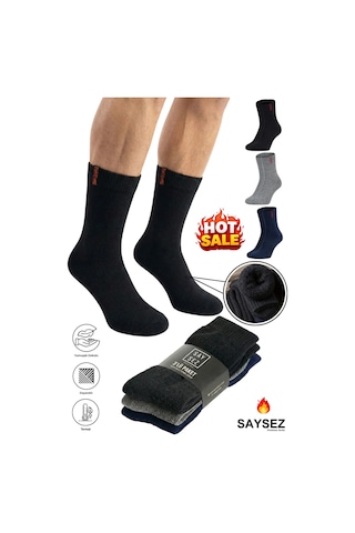 Saysez 3 Çift Termal Erkek Kışlık Soket Havlu Kalın Çorap Dikişsiz Siyah-lacivert-gri Renk Premium Pamuk Çok Renkli