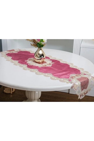 Aydan Aplikeli Güpürlü Kadife Pudra Salon Takımı 5 Parça 50x140 Cm 1453 Pudra
