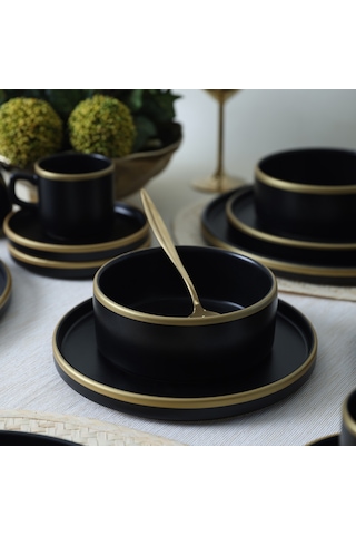 Keramika Mat Siyah Gold Fileli Stackable Yemek / Kahvaltı Takımı 20 Parça 4 Kişilik