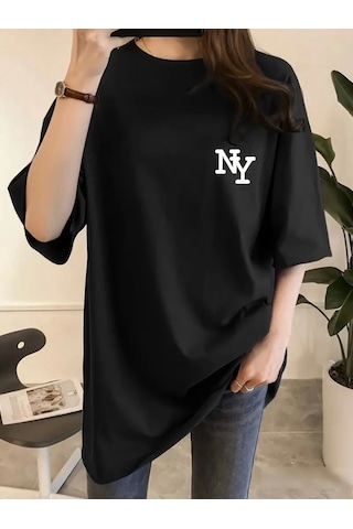 Modi Baskılı Oversize Bisiklet Yaka T-shirt - Siyah - Mymg158986