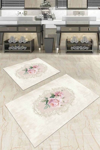 Bej Çiçek Desenli Banyo Halısı Klozet 2'li Paspas Seti Bs035n11