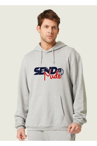 Unisex Oversize Send Nudes Baskılı Kapüşonlu Sweatshirt Gri