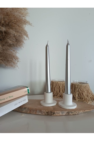 2'li Beyaz Betondan Şamdan Mumluk, Şamdan Mumluk, Beyaz Uzun Mumluk, Minimal Şamdan Mumluk. Beyaz