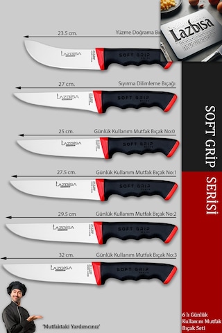 Lazbisa Mtf-060 Soft Grip Mutfak Bıçak Seti Et Ekmek Sebze Bıçağı 6 Lı Set Günlük Kullanım
