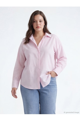 Lcw Vision Pembe Çizgili Oversize Oxford Kadın Gömlek