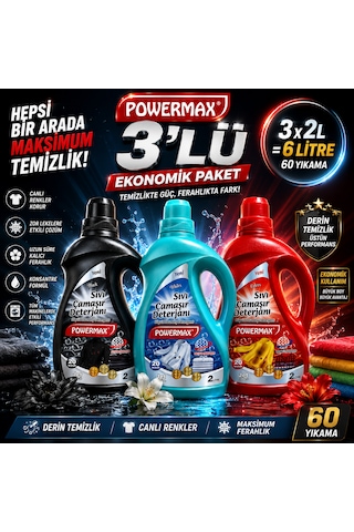 Powermax Sıvı Çamaşır Deterjanı 3'lü Set Beyazlar + Renkliler + Siyahlar 2 L X 3