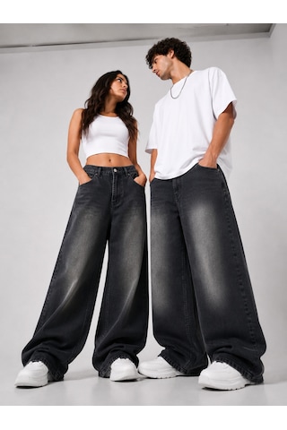 St.poll Vintage Siyah Yıkamalı Unisex Baggy Jean