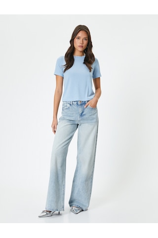 Koton Kısa Kollu Tişört Bisiklet Yaka Fitilli Slim Fit Mavi 4sak50238ek Mavi