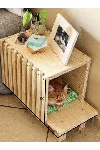 Hem Sehpa Hem Kedi Evi - Fonksiyonel Masif Ahşap Kedi Yuvası