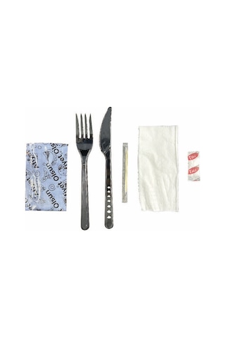Kullan At Yemek Seti 6'lı Çatal , Bıçak , Kürdan , Peçete , Islak Mendil , Tuz 50 Adet Siyah