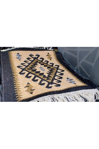 Reversible Oto Koltuk Kilim Seti 3 Parça Makine Dokuma Akrilik & Polyester Saçaklı - Siyah