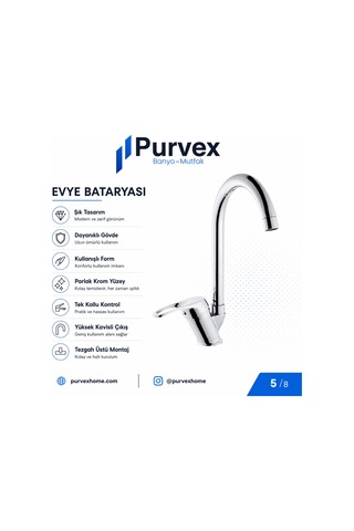 Purvex Home Klasik Mix Kuğu U Boru Evye Bataryası - Pirinç Gövde Krom Kaplama Aç-kapa Mutfak Tezgah Üstü Musluğu