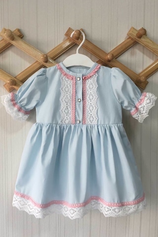 Dantel Detaylı Kısa Kol Bebe Mavi Pamuklu Kız Çocuk Bebek Elbise 001