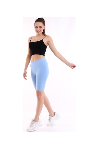 Self Clothing Kadın Boncuk Mavi Penye Kumaş Yüksek Bel Kısa Tayt Slf1295