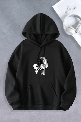 Ciel Lune Nevermind Unisex Kadın Erkek Uzaylı Astronot Baskılı Oversize Sweatshirt Siyah Siyah