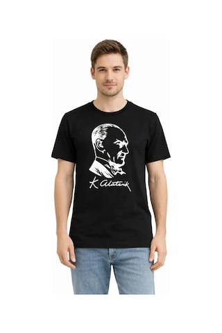 Hazego Erkek Atatürk Baskılı Tişört Kısa Kollu Bisiklet Yaka T-shirt - Siyah