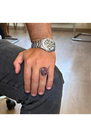 Gerçek Doğal Taş Yüzüğü - 925 Ayar Gümüş Büyük Yüzük - El Yapımı Yüzük Yakut Gümüş