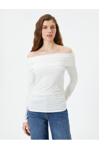 Koton Madonna Yaka Tişört Uzun Kollu Viskoz Kumaş Slim Fit Ekru 4sal10516ık 4SAL10516IK010 Ekru