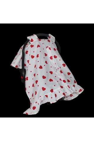 Bebek Puset Örtüsü Kalpli Puset Örtüsü Pamuklu Kumaş Fırfır Detay Çıt Çıtlı Puset Örtüsü Beyaz - Kırmızı