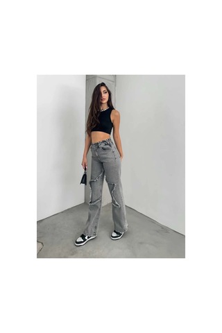 Kene Jeans Yüksek Bel Bacak Yıldızlı Bol Paça Jeans Kar Siyah