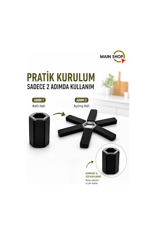 Mainshop 3'lü Set Katlanabilir Nihale - Isıya Dayanıklı Pratik Tencere Altlığı - Dirençli Siyah M-021