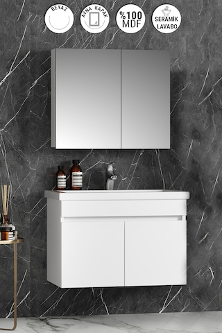 Çiğdem 80 Cm Beyaz Mdf Seramik Lavabolu Asma Banyo Dolabı Takımı Beyaz