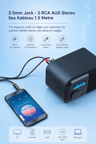 3.5mm Jack - 2 Rca Aux Stereo Ses Kablosu 1.5 Metre, Tv Hoparlör Amfi Ses Sistemi Uyumlu, Kalaylı Bakır İletken, Altın Kaplama Uç, Pvc Kaplama, Parazit Azaltıcı Dayanıklı Kablo A120e