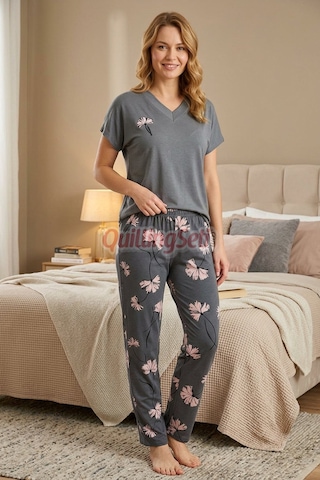 Lady Gri Renk, Çiçek Desenli 12682 Pamuklu Viskon Kumaş Kısa Kol Anne Pijama Takımı Gri - Pembe