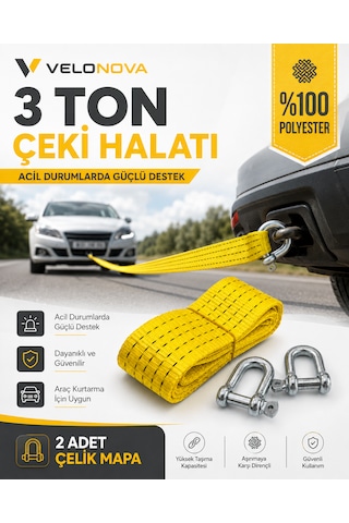 3 Ton Sarı Çekme Halatı 3 Metre 5 Cm Genişlik 2 Adet Çelik Mapa Dahil %100 Polyester Araç Kurtarma Halatı