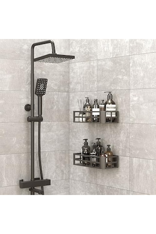 2&apos Li Set Siyah Yapışkanlı Banyo Duş Rafı - 27x12 Cm Matkapsız Montaj Şampuanlık Ve Mutfak Baharatlık Organizeri