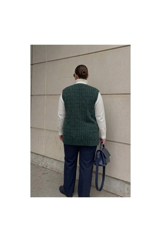 Onno Style Women Büyük Beden Klasik Triko Renkli Düğmeli Çelik Örgü Kadın Yelek Yeşil