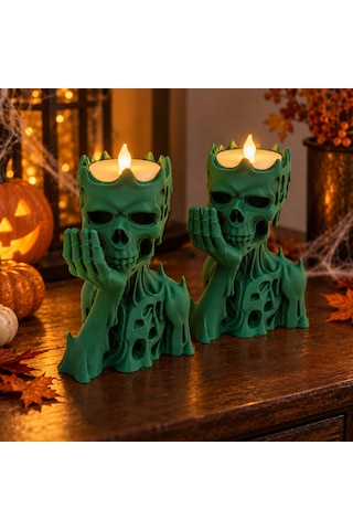 2 Adet Kurukafa Ve İskelet Figürlü Led Tealight Mumluk 11 X 7 Cm 3d Baskı Cadılar Bayramı Dekoru Yeşil